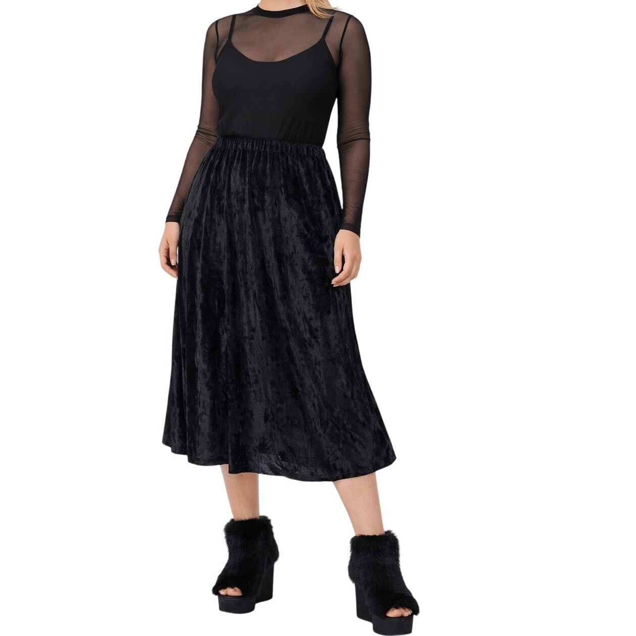 Ny Collection Womens Black Crushed Velvet Midi Skirt Elastic Waist A-Line Size M